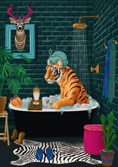 a painting of a tiger sitting in a bathtub