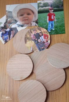 some wood circles are sitting on a table with pictures and other things to make it look like they have been cut out