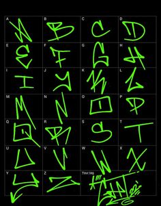 green graffiti alphabets on a black background with the letters and numbers in different languages