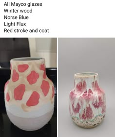 two different vases with red and white designs on them, one is made out of clay