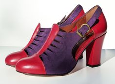 Remix Vintage Shoes, Parkview Oxford Bootie Heel in Red Leather/Purple Suede Red Hat Ladies, Oxford Shoes Outfit, Sneaker Outfits Women, 1920's Fashion, Red Hat Society, 30s Fashion, Prom Heels, Red And Purple