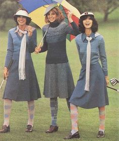 1970's Vintage Golf Fashion, 70s Culture, 1979 Fashion, 1970s Vintage Fashion, 1970 Fashion, Patti Hansen, Knit Suits, 1970s Women, 70s Vintage Fashion