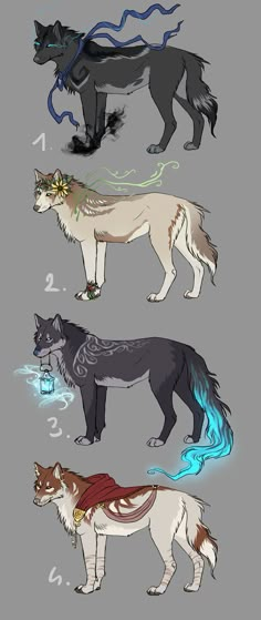 four wolfs with different colors and numbers on them