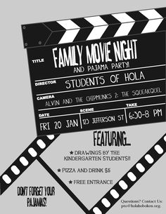 a movie clapper with the words family movie night and papama parti students of hola