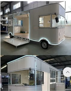 two pictures of the inside and outside of a mobile home that is being built in a warehouse