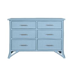 a blue dresser with six drawers and two handles on the top, in front of a white background