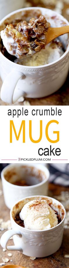 an apple crumble mug cake in a white bowl on a wooden table with text overlay