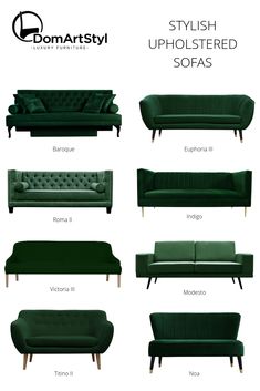 the different types of sofas and loveseats are shown in green velvet fabric