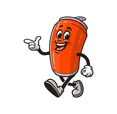 an orange soda can cartoon character running and giving the thumbs up sign with both hands