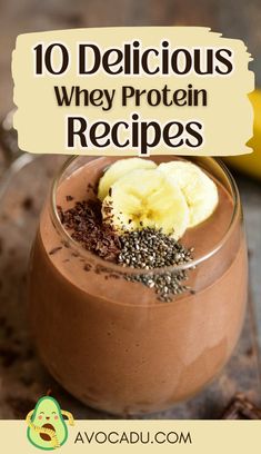 a chocolate smoothie with bananas and chia seeds in it, on top of a table