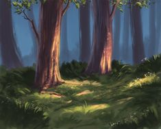 a digital painting of two trees in the woods