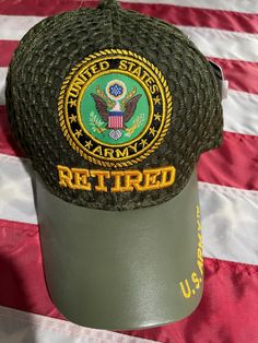 Army Retired cap in green mesh with faux leather bib. Cap features Arm crest embroidered on the front with gold embroidered lettering underneath. Great quality and free shipping Green Military Snapback Trucker Hat, Military Green Trucker Hat, Embroidered Lettering, Trucker Cap, Caps Hats, Accessories Hats, Beauty Book, Bathing Beauties, Faux Leather