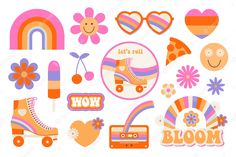 an assortment of colorful stickers with flowers, hearts, and skateboards on them