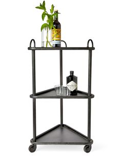 a black metal shelf with two shelves and bottles on top, one is holding drinks