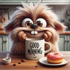 a cartoon dog is holding a coffee mug with the words good morning on it next to a donut