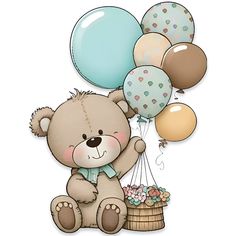 a teddy bear holding balloons and sitting on a basket