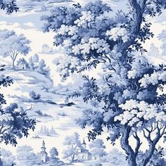 a blue and white wallpaper with trees