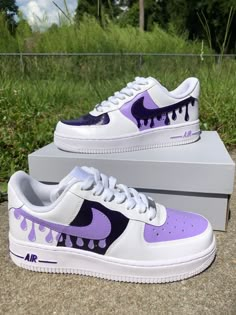 Classic and bold. Complete any look with these custom colored Drip Nike Air Force Ones and watch heads turn as you walk into the room. *Colors listed in the picture are lilac and purple* (Processing time is to allow time for me to order your size shoe.) Nike Shoes Women Fashion, Custom Sneakers Diy, Pretty Sneakers, Nike Shoes Air Force, Cute Nike Outfits, Nike Fashion Shoes, Nike Shoes Girls, Preppy Shoes, Jordan Shoes Girls