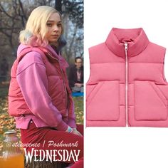 Pink Puffer Vest With Pockets As Seen On Enid Sinclair In Wednesday Season 1 Episode 5. Same Style, Brand And Color. The Brand Is European And Often Sold Via Asos, So Their Pieces Can Be Quite Limited In The Us. Vest Is Pre-Owned, So Please Check Photos For Condition. The Seam Is Separating A Little Under The Arm, But It Could Be Sewn Together Quite Easily. The Stitching On All Of These Seems To Come Loose Easily. Open To Reasonable Offers As Usual. Bundle And Save On Postage! __________________ Pink Puffer Vest, Enid Sinclair, Vest With Pockets, Tv Fashion, Episode 5, Same Style, Puffer Vest, Season 1, Pink Ladies