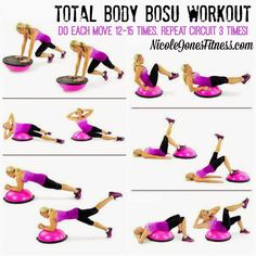 a woman is doing exercises on a pink exercise mat with the words total body bosu workout