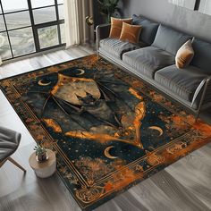 a living room area rug with a bat on it