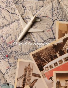 an airplane is sitting on top of a map with postcards surrounding it and the caption reads, sweet travels