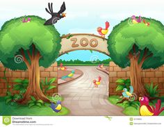 a zoo entrance with birds flying above the trees and an arch to the zoo sign