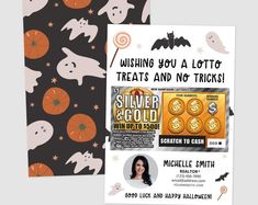 two halloween flyers are shown with candy and ghost images on them, one is for silver & gold