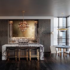 an elegant dining room with marble table and chairs, gold chandelier and large windows