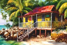 a painting of a house on the beach with stairs leading up to it and palm trees