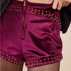 Burgundy Understated Leather Shorts X Free People Velvet Shortie Shorts Brand New Xs Burgundy Bottoms For Fall Party, Fitted Burgundy Bottoms For Party, Burgundy Party Bottoms For Fall, Fall Party Burgundy Bottoms, Crochet Lace Shorts, Lace Denim Shorts, Studded Shorts, Free People Velvet, Velvet Shorts