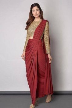 This is 2 piece indo western drape saree specially made for our customers. Long Blouse Saree, Long Sleeve Saree Blouse, Long Blouse Designs, Maroon Saree, Saree Wearing Styles, Saree Draping Styles, Modern Saree, Draping Fashion, Indian Salwar Kameez