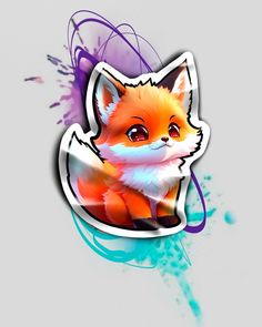 an image of a cute little fox sticker on a white background with blue and purple splots