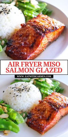 two plates with salmon, rice and asparagus on them that say air fryer miso salmon glazed