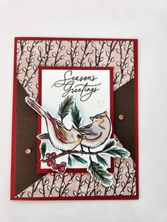 a handmade christmas card with two birds sitting on a tree branch and the words season's greeting