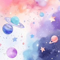 watercolor painting with planets and stars in the sky on a blue, pink, purple and white background