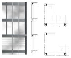 an architectural drawing shows the interior and exterior sections of a building with glass walls, steel bars, and vertical shutters