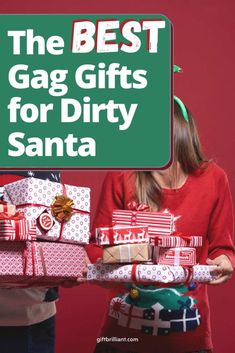 the best gag gifts for dirty santa are on display in front of a green sign