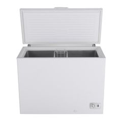 an empty chest freezer on a white background