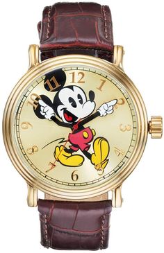 Mickey Mouse Vintage, Mickey Mouse Watch, Disney Watches, Brown Leather Strap Watch, Mens Watches Leather, Watch Vintage, Vintage Mickey Mouse, Vintage Mickey, Brown Leather Strap