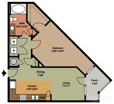 an apartment floor plan with one bedroom and two bathrooms