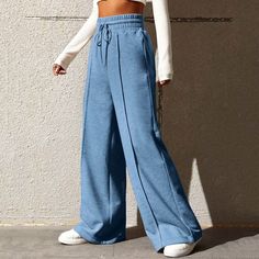 F00209583-202 High Waist Baggy Light Blue Pants, Casual Fitted Wide Leg Pants For Fall, Non-stretch Blue Bottoms For Fall, Full Length Denim Blue Pants For Spring, Trendy Blue Cotton Wide Leg Pants, Solid Denim Bottoms, Stretch Denim Blue Trousers, Casual Fitted Denim Blue Bottoms, Blue Straight Leg Bottoms For Fall