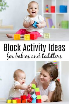 two photos with the words block activity ideas for babies and toddlers on them, in front of a baby playing with blocks