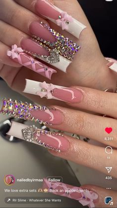 Pink Base Nails With Design, Nails Acrylic Diamonds, Pink Bling Acrylic Nails Rhinestones, Nail Ideas Bling, Nail Inspo With Charms, Full Bling Nails, Pink Acrylic Nails Charms, Pink Long Nails With Charms, Blinged Out Nails