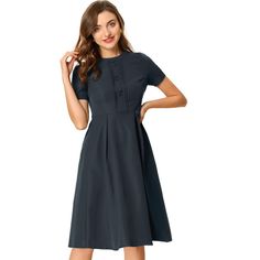 This vintage dress would add a unique fashion style and show femininity. This retro dress is designed with a high waist and pleated front, and styled in a modern short-sleeve finish. Pair with flat shoes or high heels for a vintage and elegant look. Match it with a hat and heels for a simple yet stylish summer look. Suitable for spring/summer and for many occasions, such as work, dating, weekend gatherings, and daily wear. Modest Dresses For Church Simple, Classy Clothing, Midi Dress Navy, Navy Blue Midi Dress, Dress Navy Blue, Navy Midi Dress, Royal Blue Dresses, Vintage Inspired Dresses, Poplin Dress