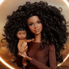 a close up of a doll with long hair holding a doll in front of a circle