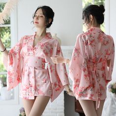 sleepwear · Harajuku fashion · Online Store Powered by Storenvy Retro Summer Dress, Japanese Kimono Dress, Black Lace Kimono, Estilo Harajuku, Island Outfit, Floral Print Kimono, Japanese Dress, Short Gowns, Lace Kimono