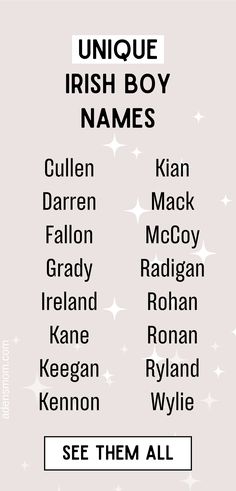 an image of the names of people in english and irish language on a white background