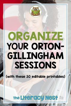 a woman in a wheel chair with headphones on and text that reads organize your orton - gillingham session