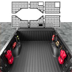 the back end of a pickup truck with its cargo compartment open and two red seats